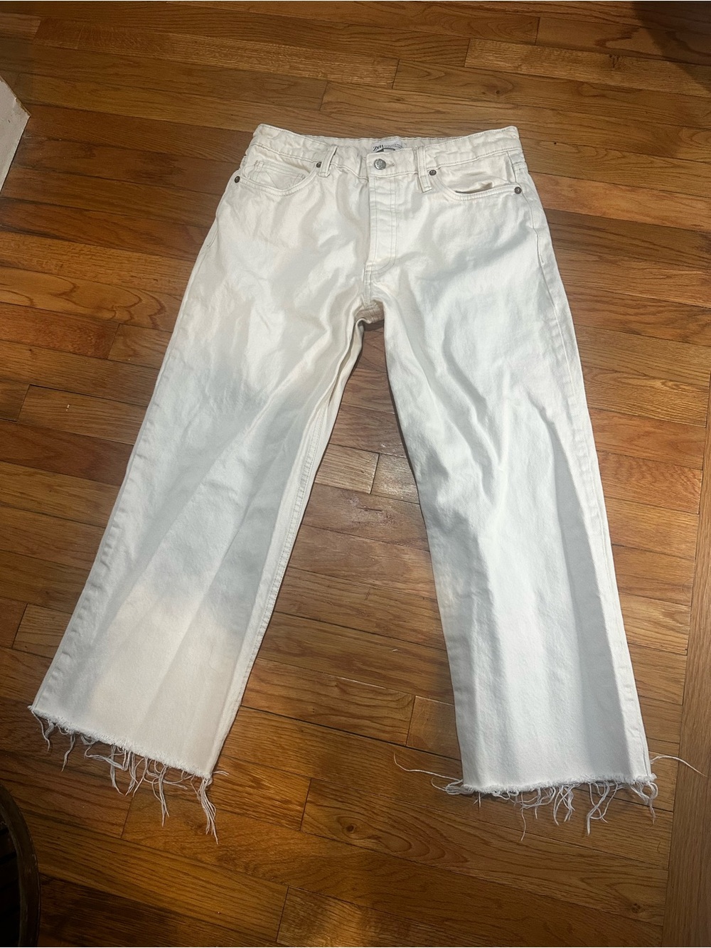 Zara The Grunge Pant Off White Cropped Jeans Straight Leg Raw Hem Button‎ Fly 6